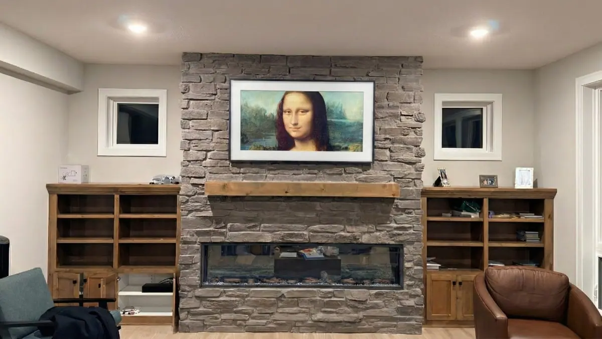 Samsung Frame Art Mode Stacked Stone Fireplace Wayzata - The Mounting Man