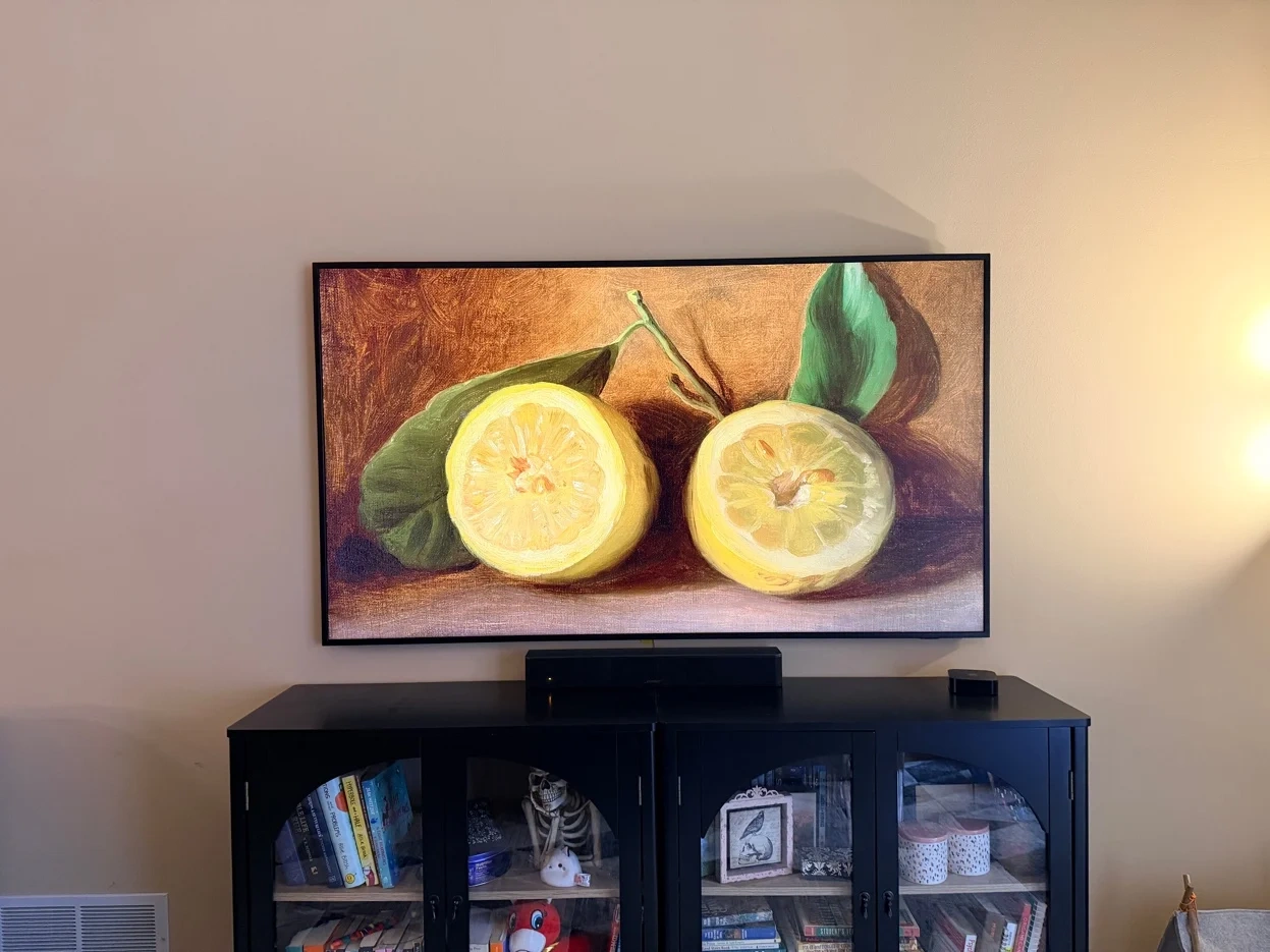 65-inch Samsung Frame gallery-style TV mounted in St. Paul apartment with soundbar
