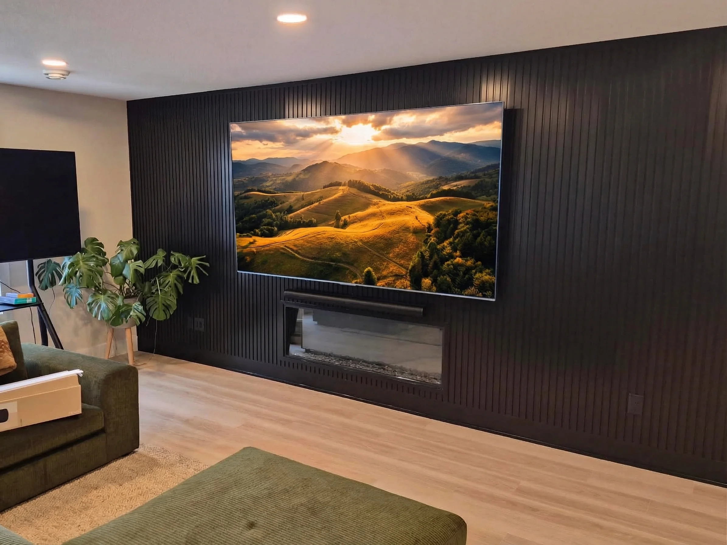 100-inch TV tilt mount above electric fireplace on black slat accent wall in Lakeville MN