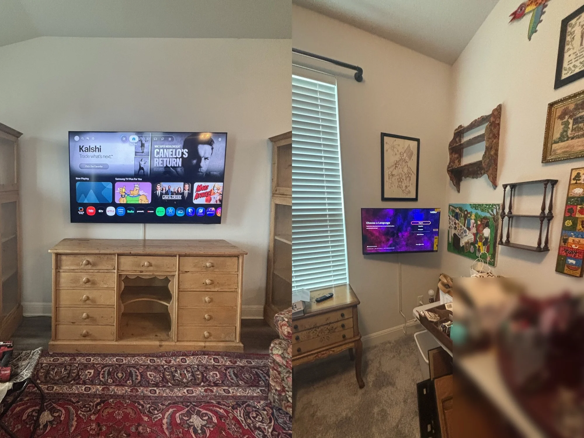 50-inch and 75-inch TVs wall mounted in two rooms of a Dripping Springs, Texas home