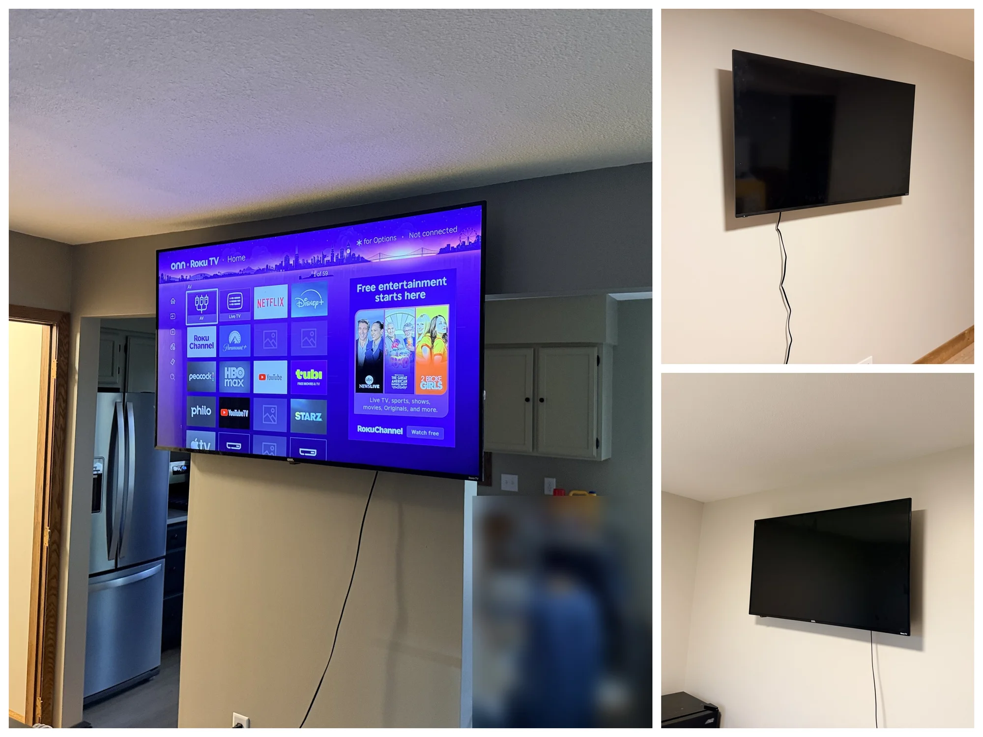 Three wall-mounted TVs in Eden Prairie: a 65-inch TV by the kitchen and two 50-inch TVs